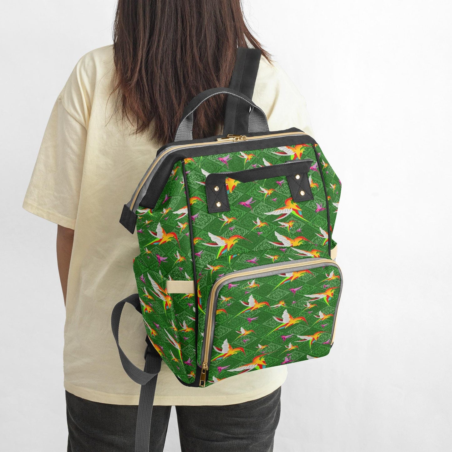 Humming Birds In Plaid Green Diaper Backpack