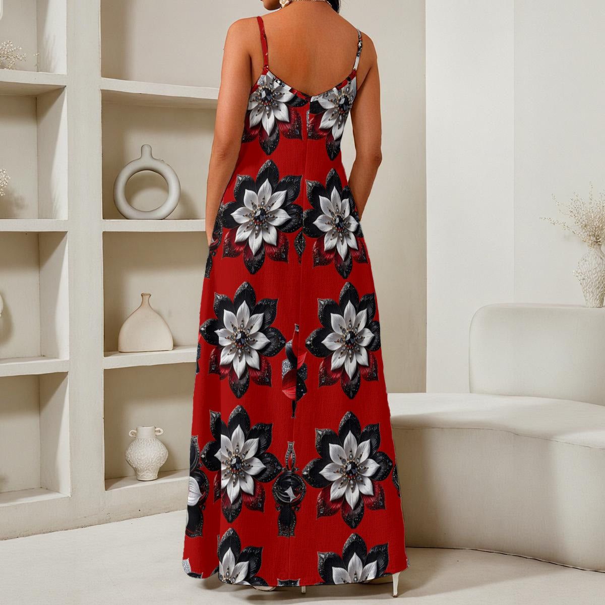 Colorful Rhinestone Flowers In Red All-Over Print Women's Elegant V-Neck Maxi Dress