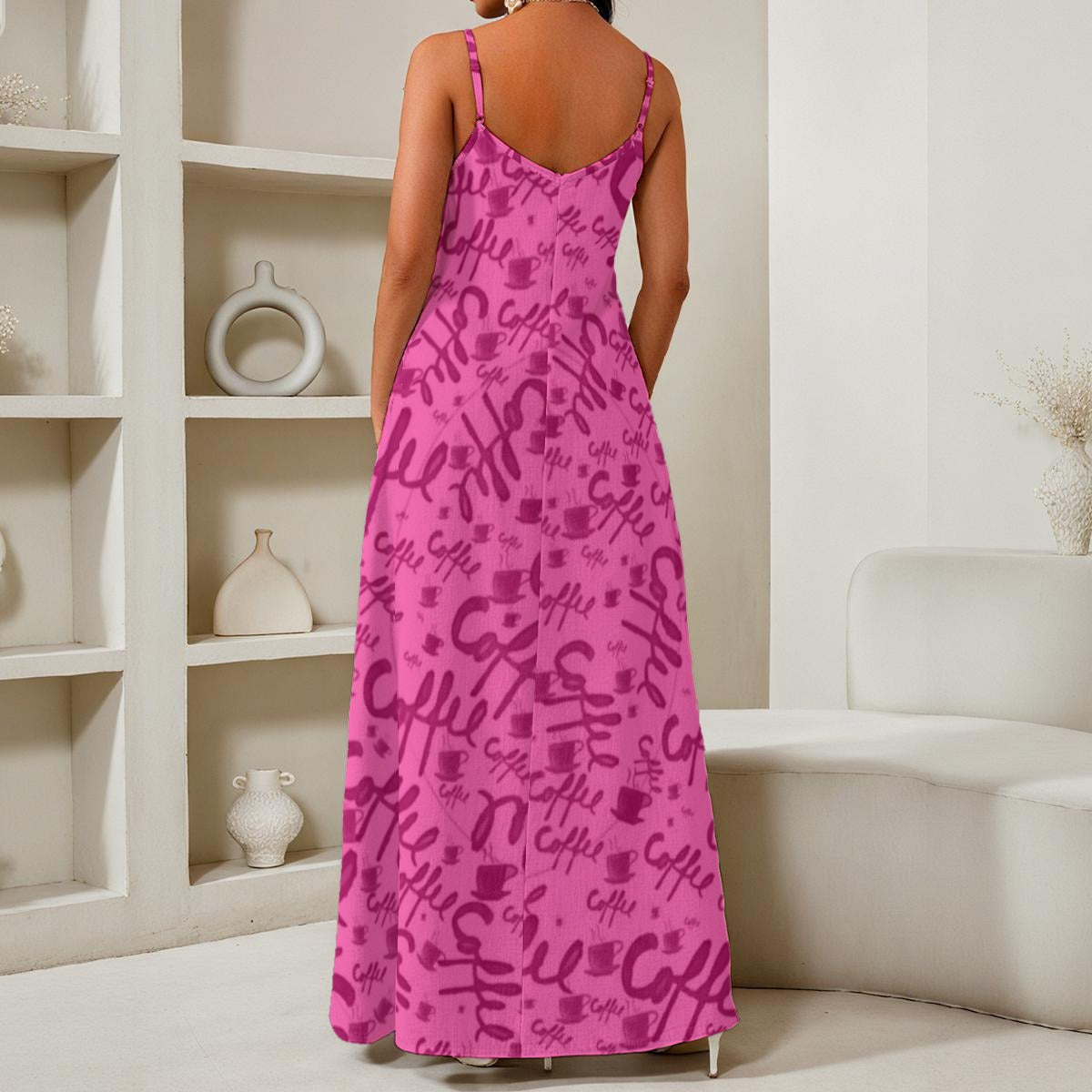 Hot Coffee In Pink All-Over Print Women's Elegant V-Neck Maxi Dress