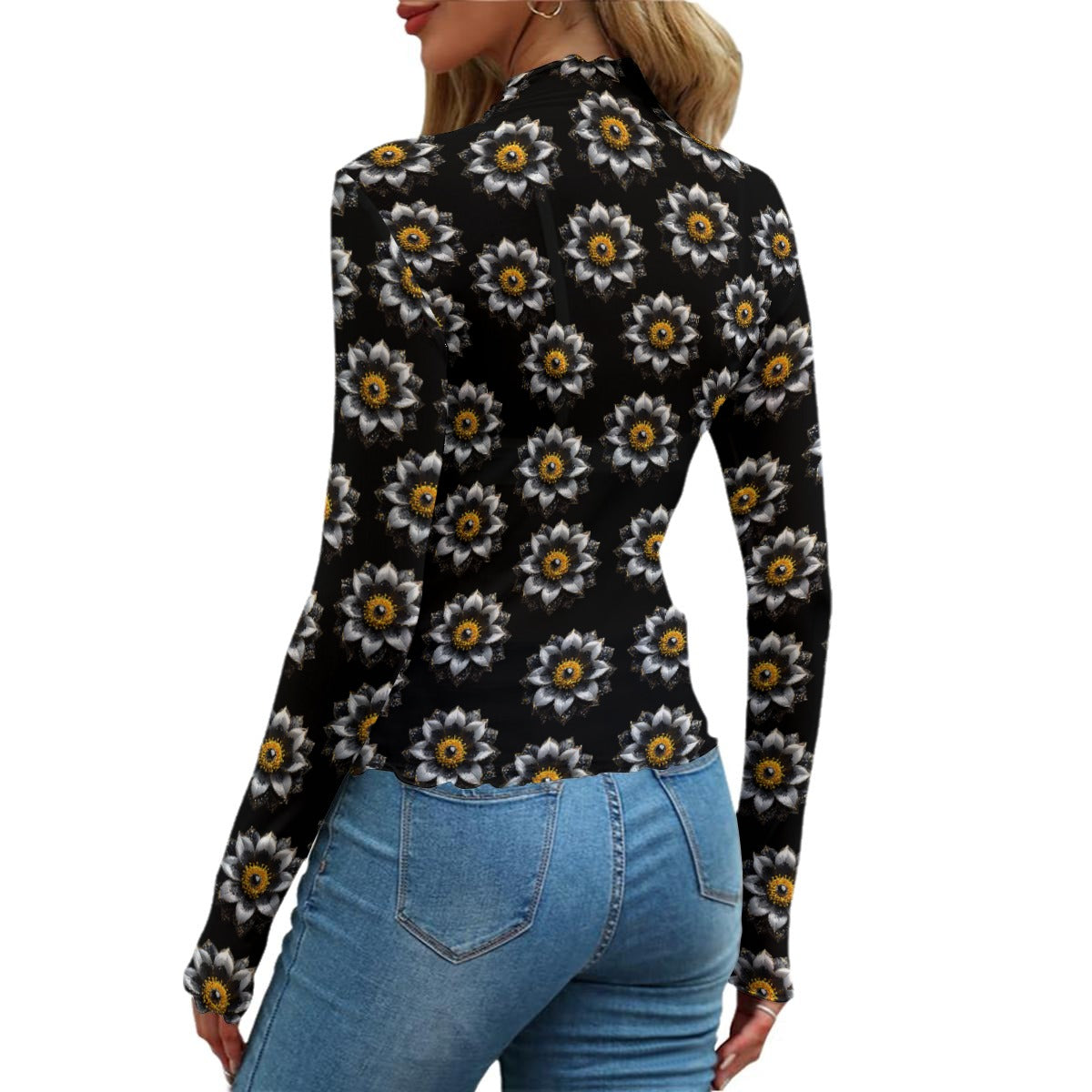 Rhinestone Yellow Flowers In Black All-Over Print Women's Mesh T-shirt