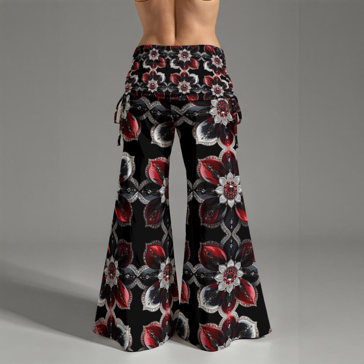 Rhinestone Colorful Flowers And Crosses In Black All-Over Print Women's High Waist Wide Leg Pants