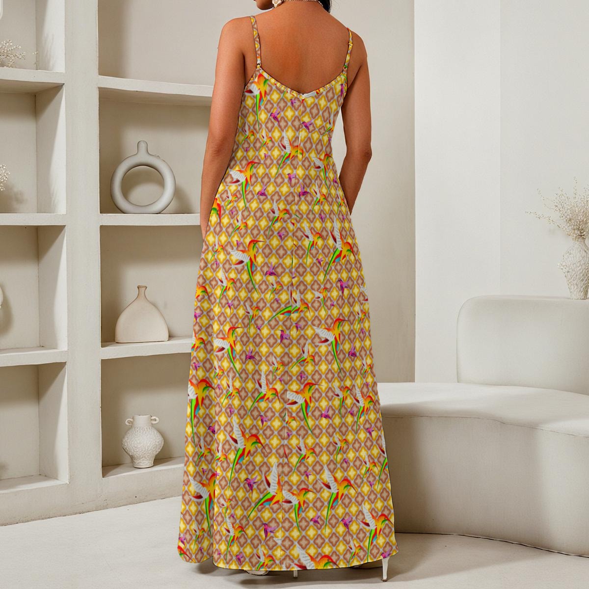 Humming Birds In Yellow Plaid All-Over Print Women's Elegant V-Neck Maxi Dress