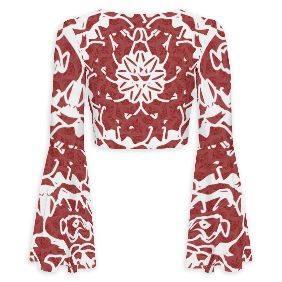 Fribal Flower All-Over Print Women's Elegant Flared Sleeve Tie-Front Crop Top