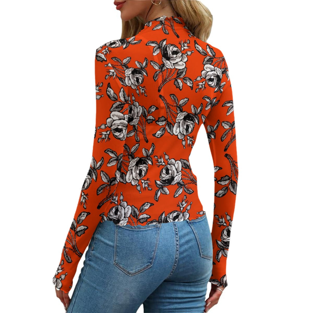 Black And White Roses In Orange All-Over Print Women's Mesh T-shirt