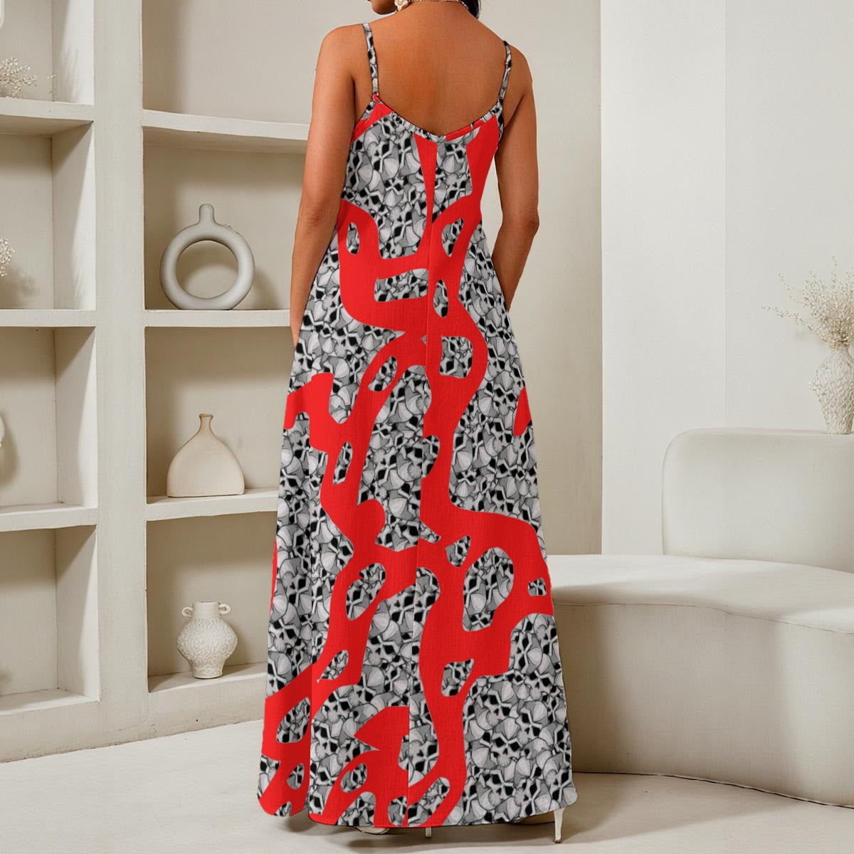 Camouflage Skulls In Red All-Over Print Women's Elegant V-Neck Maxi Dress