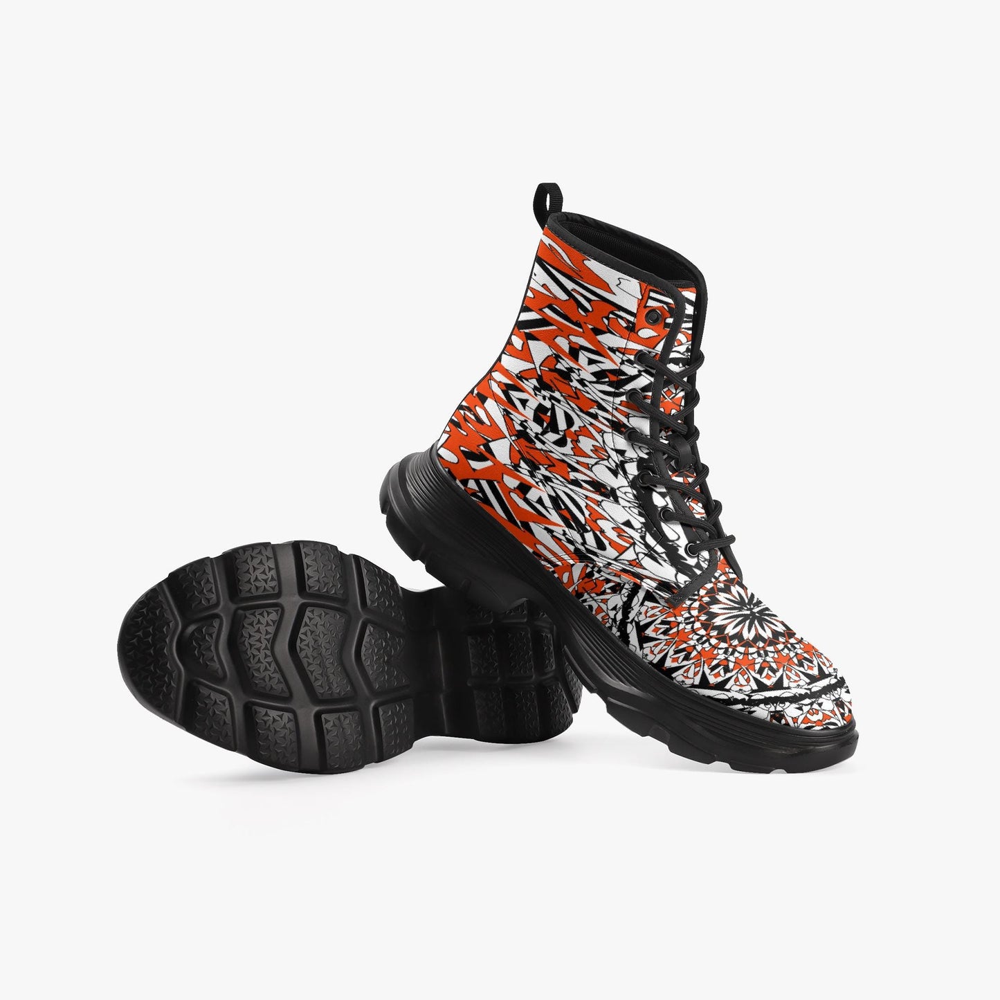 Flower Bloom In Orange Casual Leather Chunky Boots