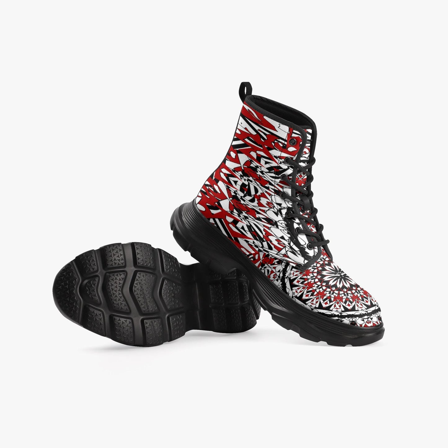 Flower Bloom In Red Casual Leather Chunky Boots