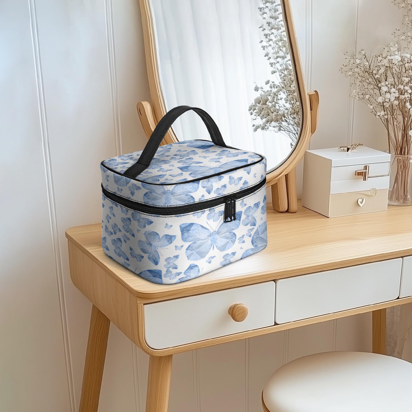 Blue Butterflies In White Travel Makeup Bag