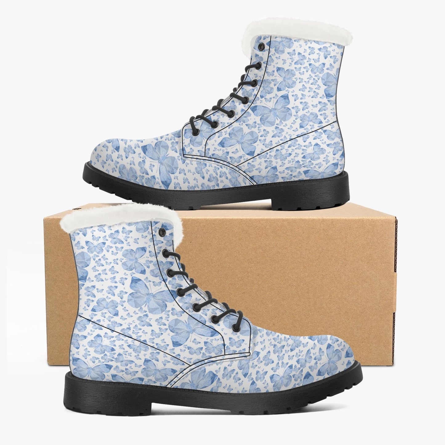 Blue Butterflies In White Faux Fur Leather Boots