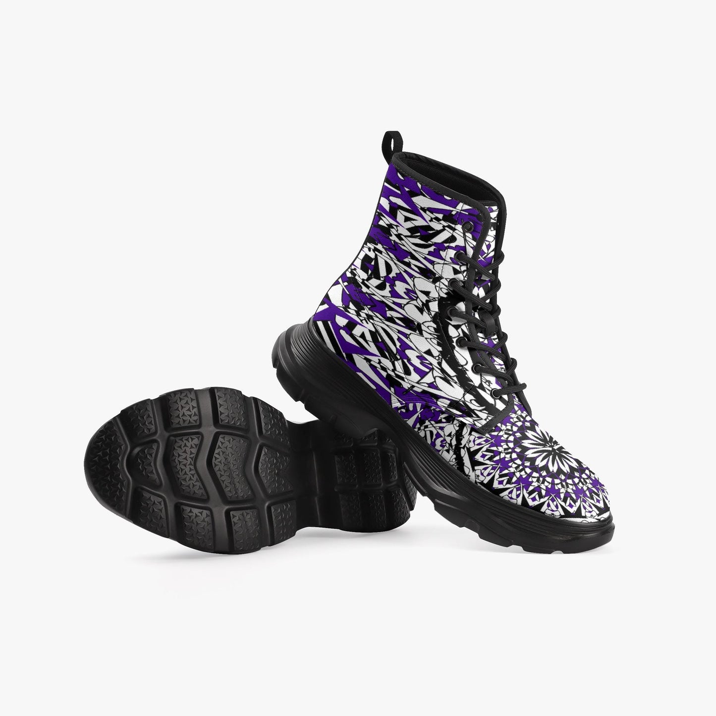 Flower Bloom In Purple Casual Leather Chunky Boots