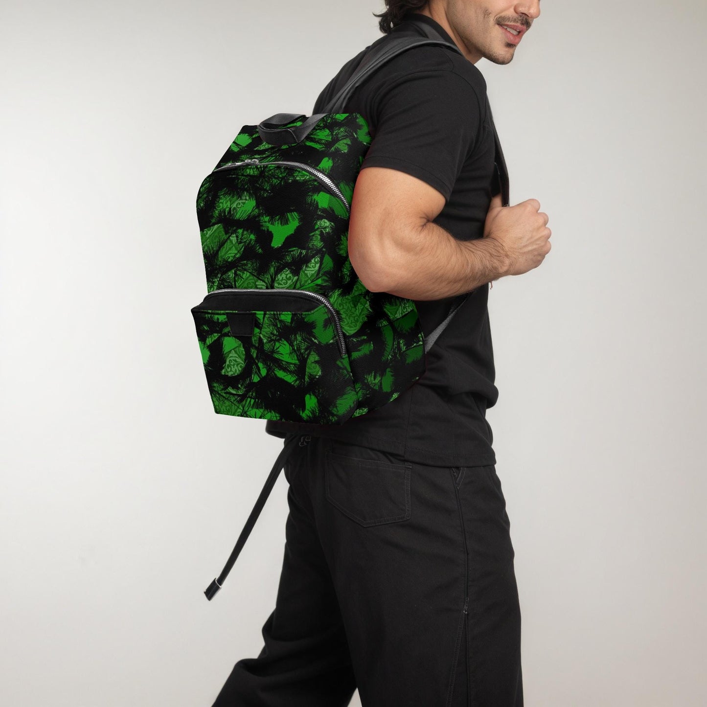 Green Fur Like Zipper-up Leather Backpack