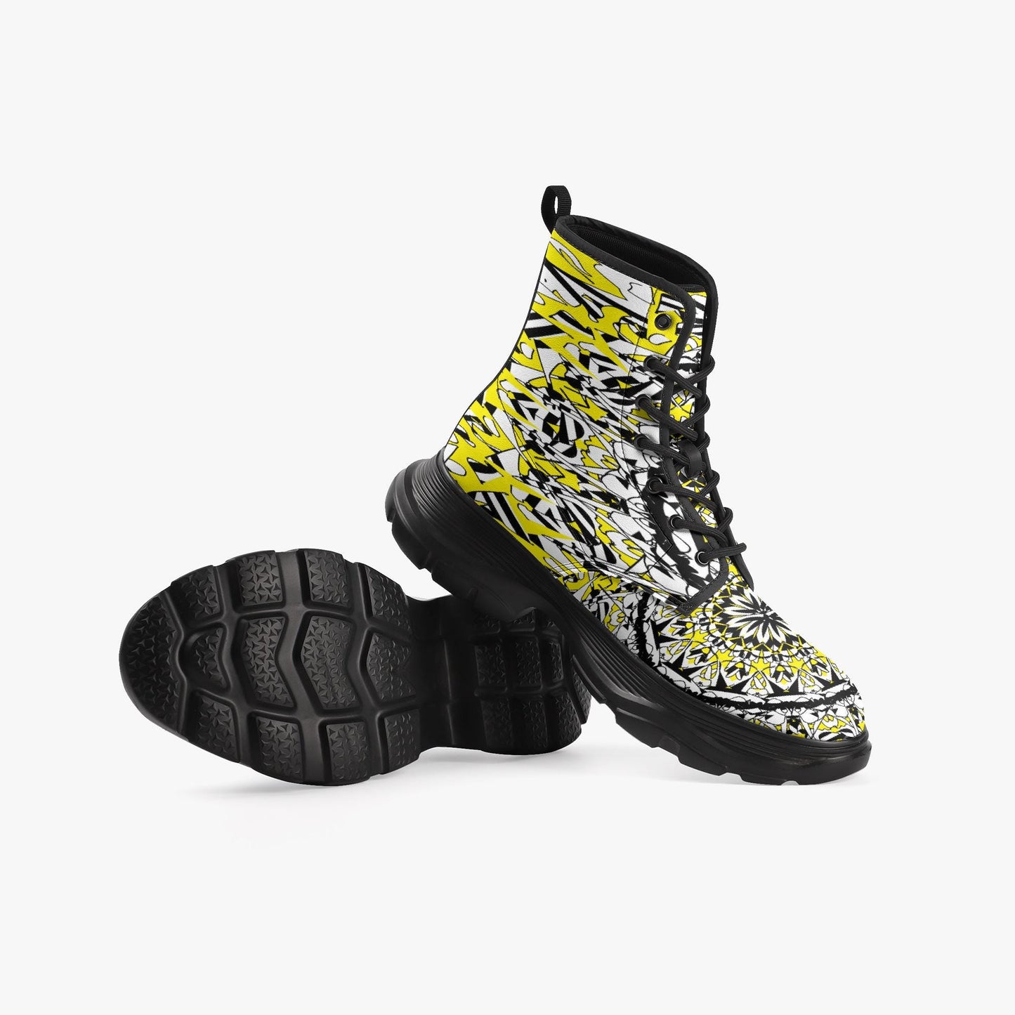 Flower Bloom In Yellow Casual Leather Chunky Boots