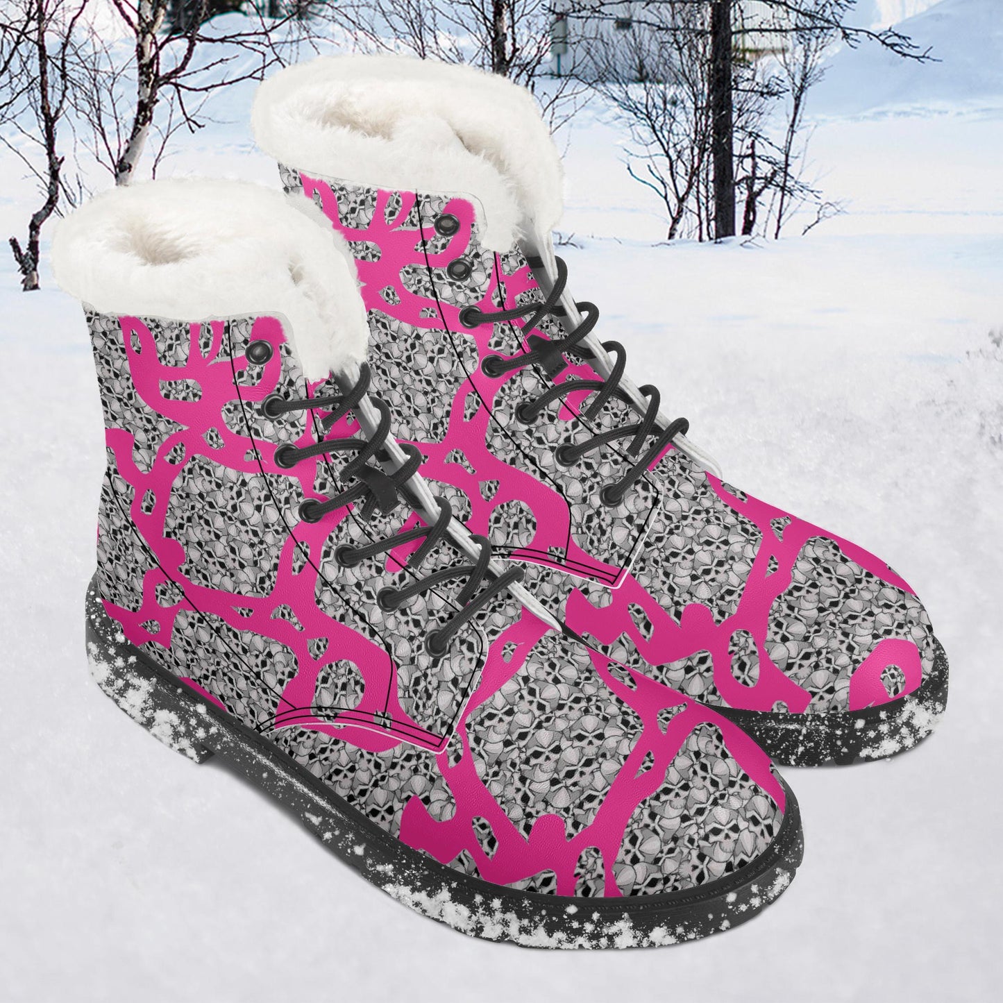 Skulls In Pink Faux Fur Leather Boots