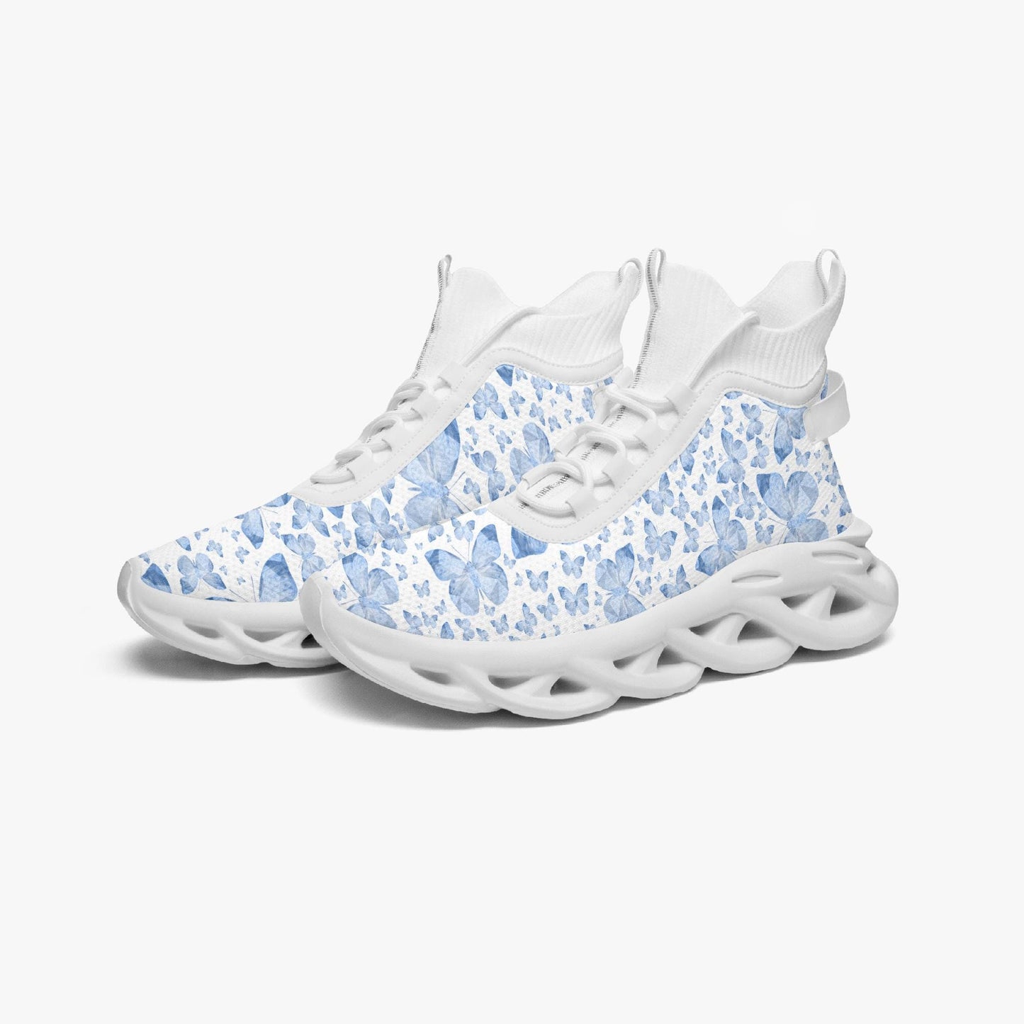 Blue Butterflies In White High-top Bounce Mesh Knit Sneakers