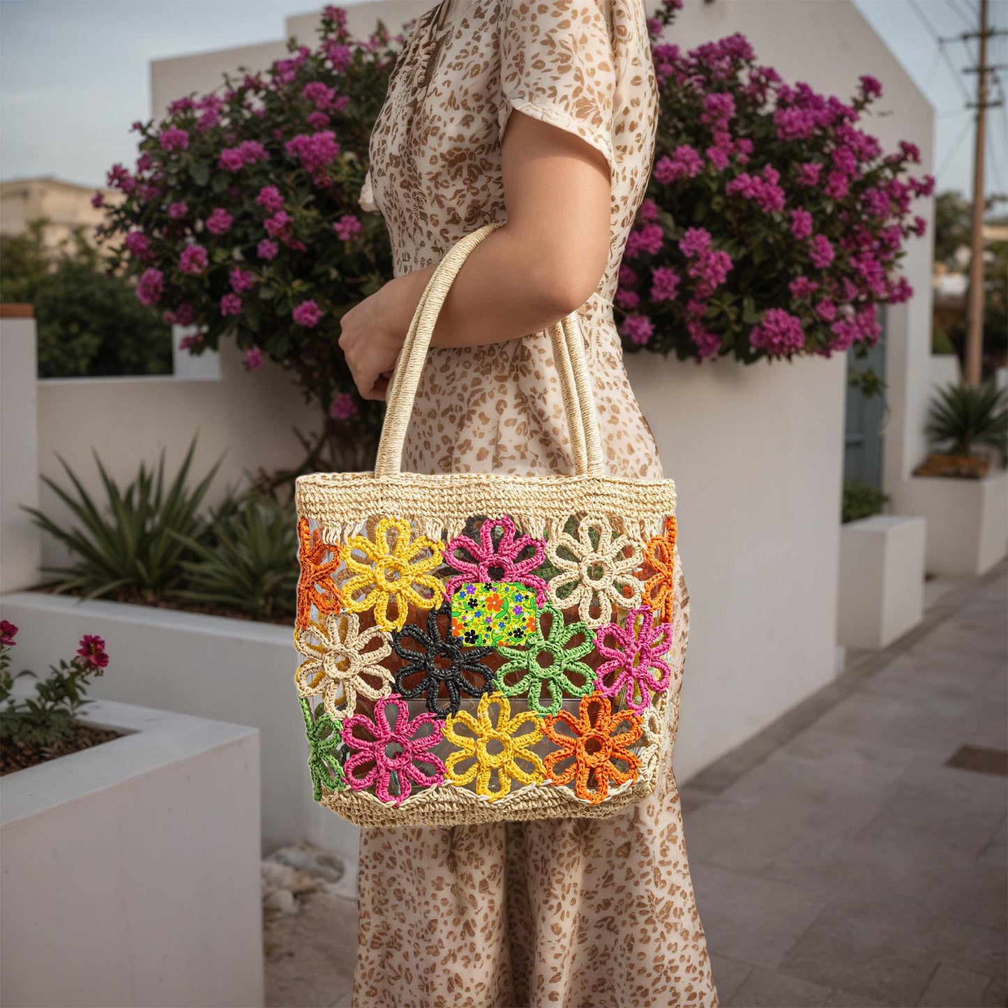 Bright Floral Colorful Flowers Straw Bag