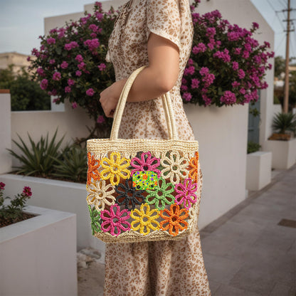 Bright Floral Colorful Flowers Straw Bag