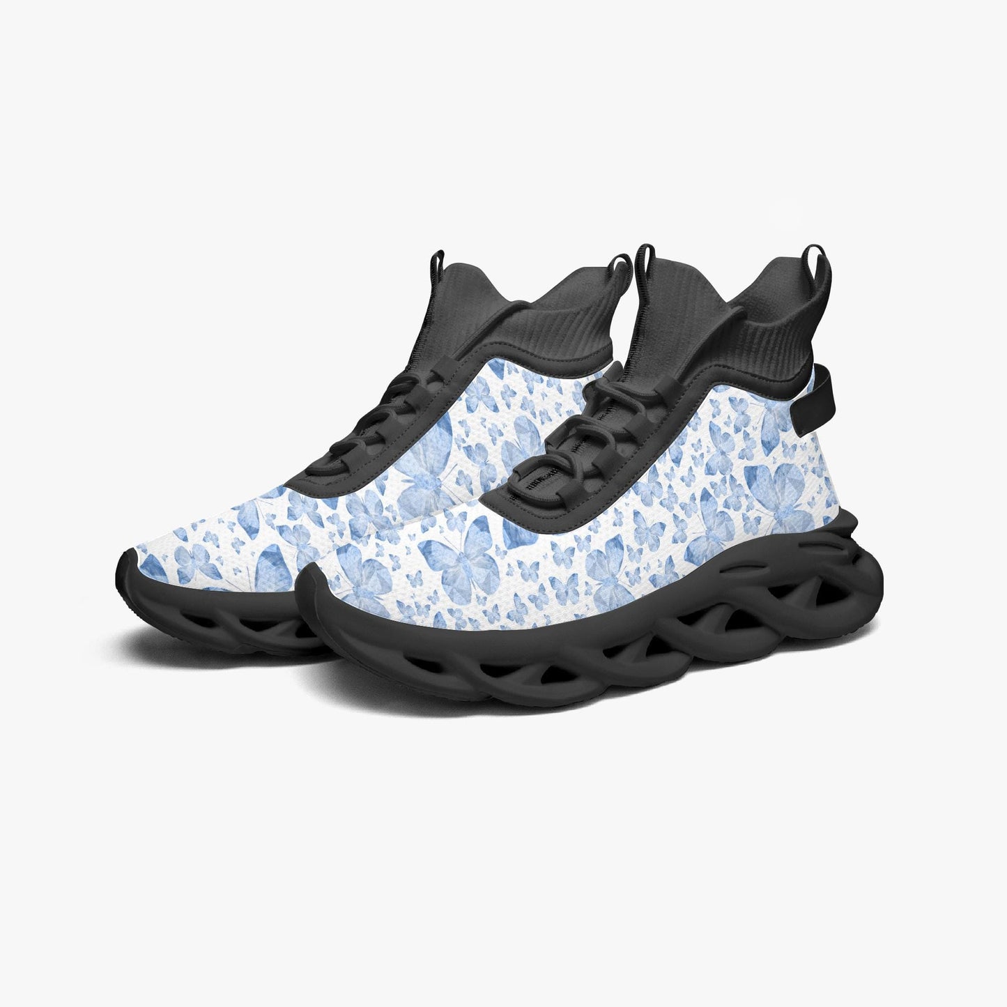 Blue Butterflies In White High-top Bounce Mesh Knit Sneakers