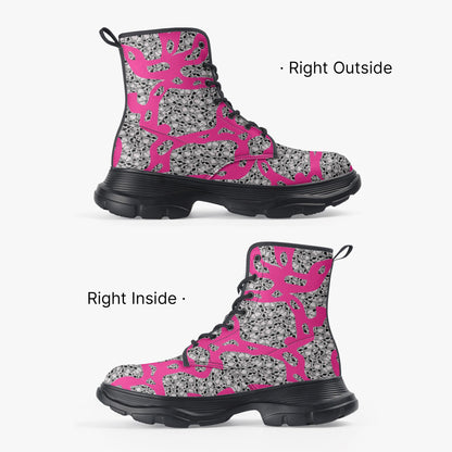 Skulls In Pink Casual Leather Chunky Boots