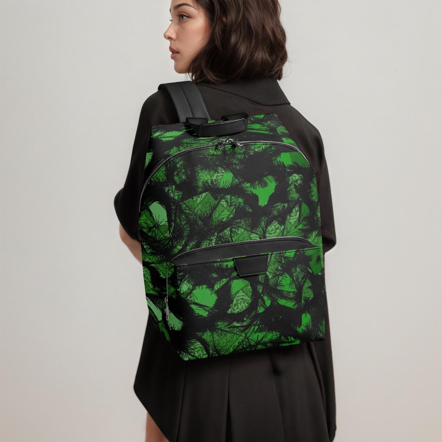 Green Fur Like Zipper-up Leather Backpack
