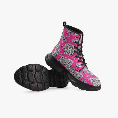 Skulls In Pink Casual Leather Chunky Boots