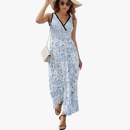 Blue Butterflies In White V-neck Sleeveless Dress
