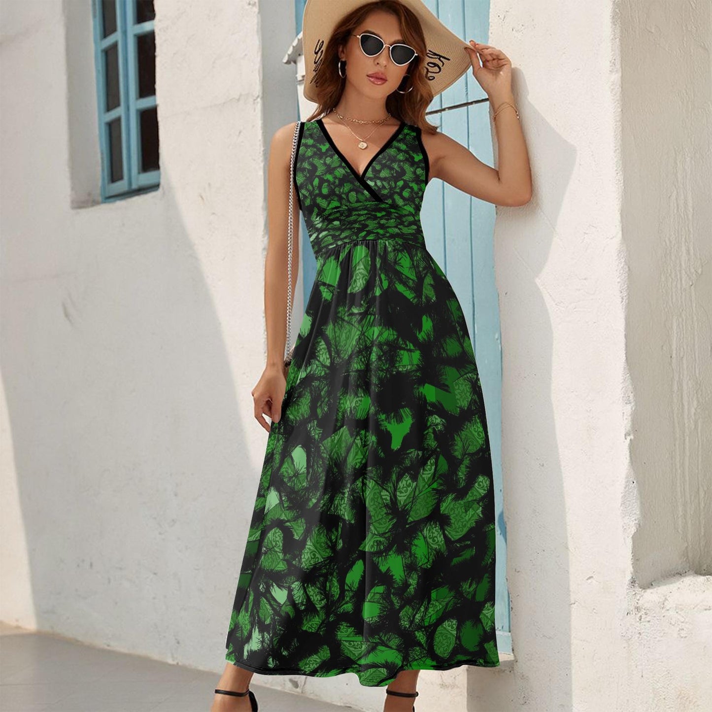 Furry Like Green V-neck Sleeveless Dress
