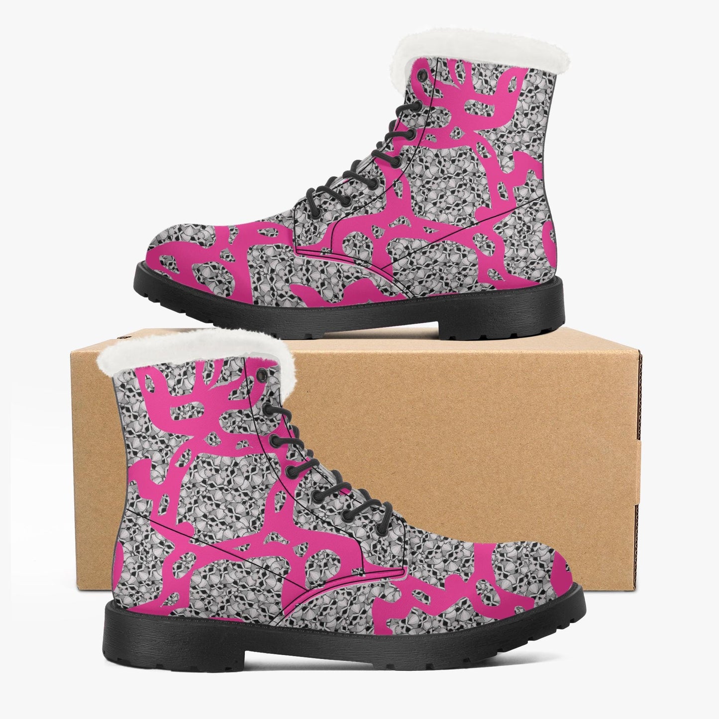 Skulls In Pink Faux Fur Leather Boots