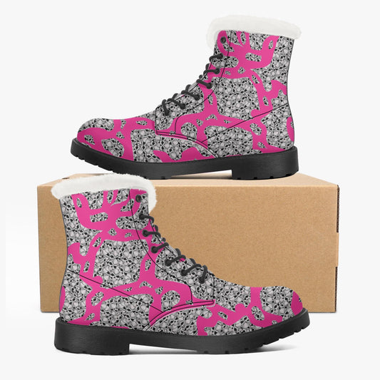 Skulls In Pink Faux Fur Leather Boots