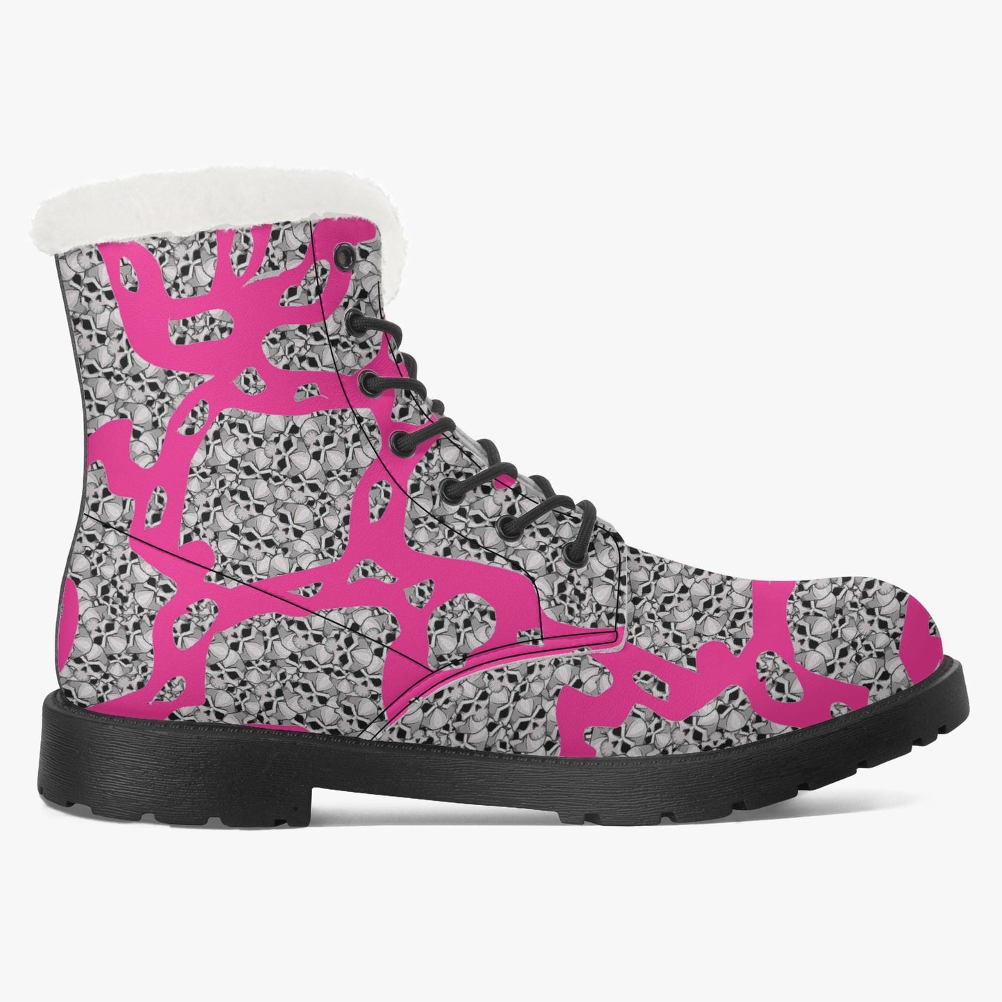 Skulls In Pink Faux Fur Leather Boots