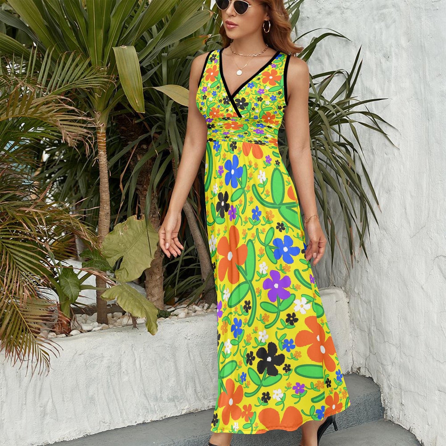Colorful Flowers V-neck Sleeveless Dress