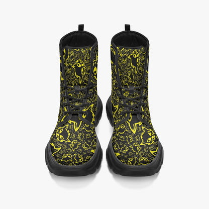 Black Yellow Mellow Casual Leather Chunky Boots