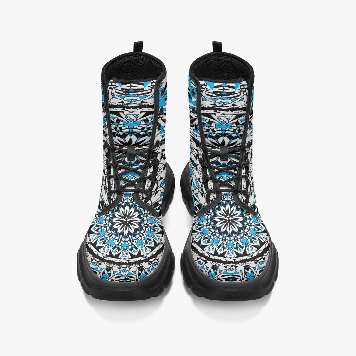 Flower Bloom In Blue Casual Leather Chunky Boots