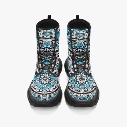 Flower Bloom In Blue Casual Leather Chunky Boots