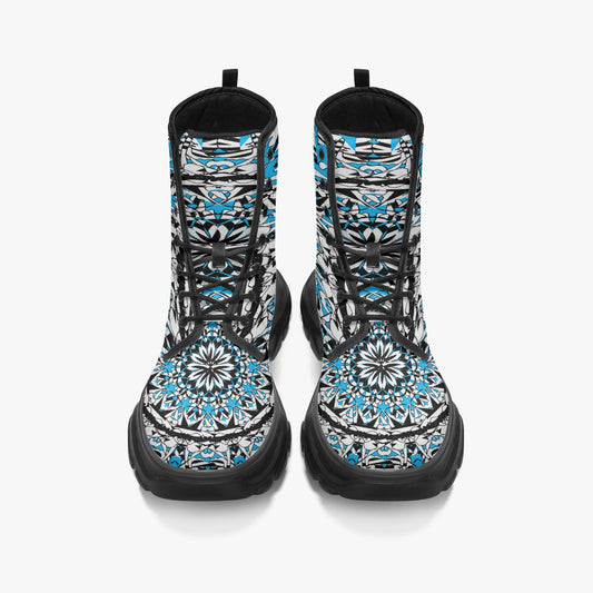 Flower Bloom In Blue Casual Leather Chunky Boots