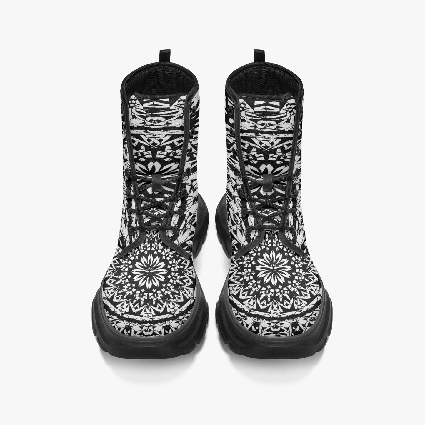 Flower Bloom In Black Casual Leather Chunky Boots