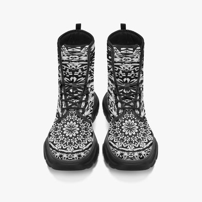 Flower Bloom In Black Casual Leather Chunky Boots