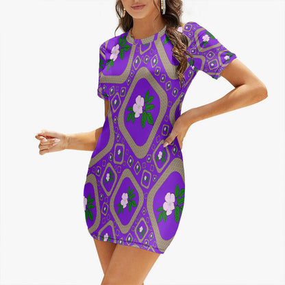Purple Floral Slim-fit Short-sleeved Dress