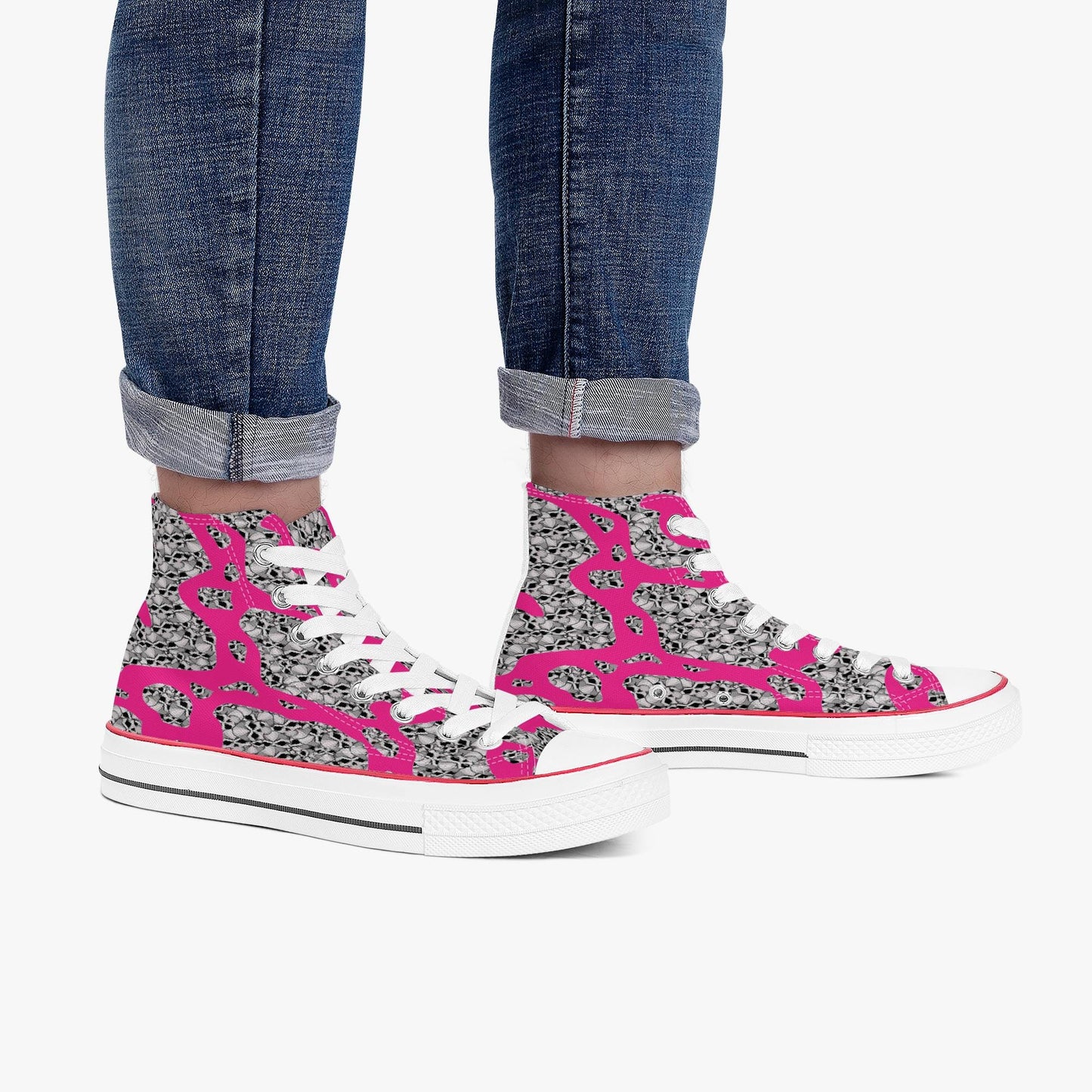Skulls In Pink High-Top Canvas Shoes - White