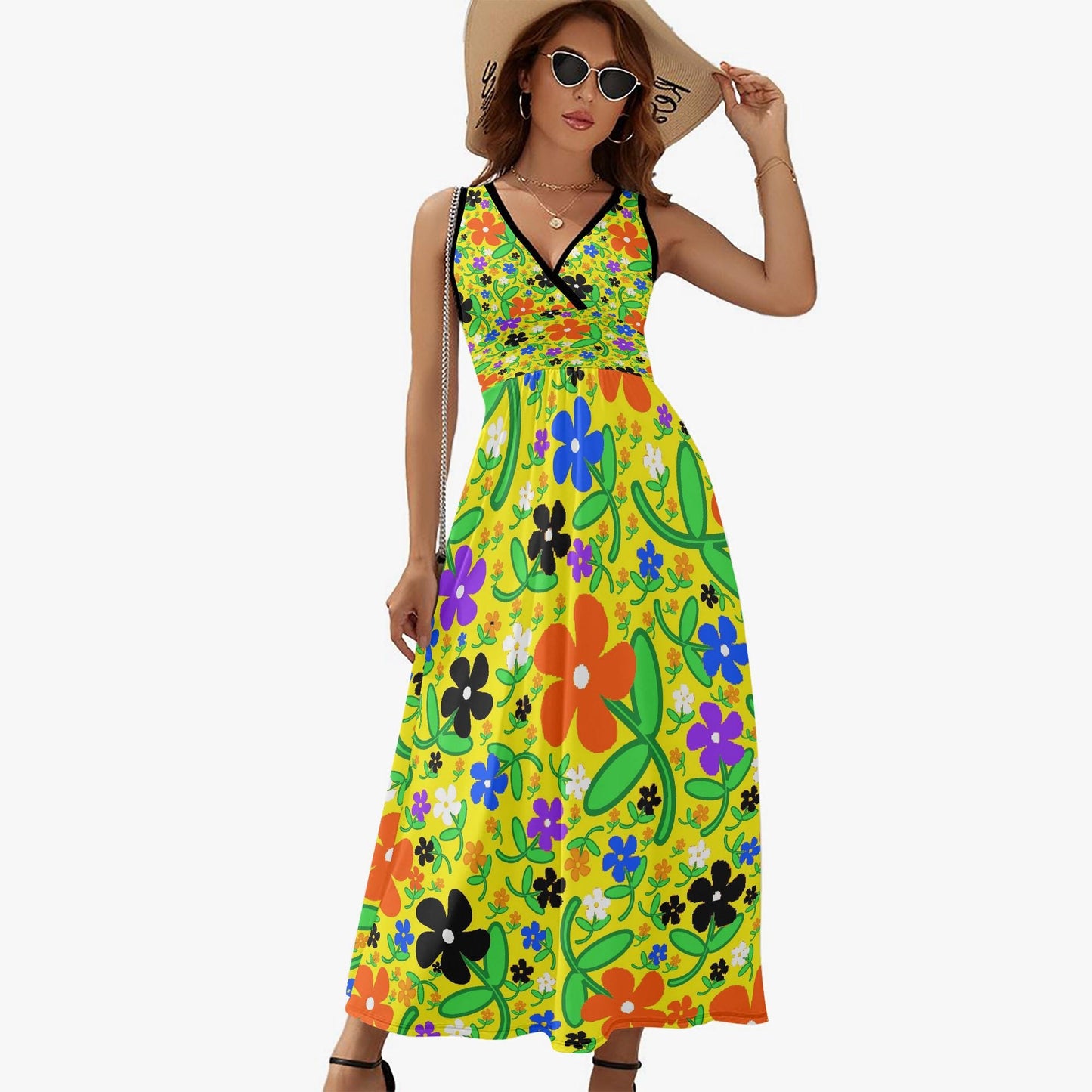 Colorful Flowers V-neck Sleeveless Dress