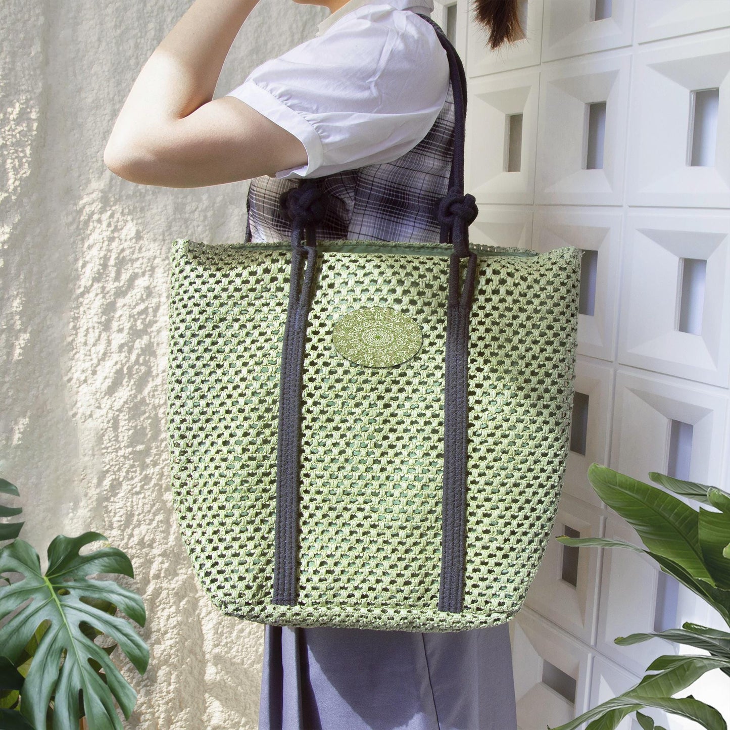 Green Sensation Woven Large Tote Shoulder Bag