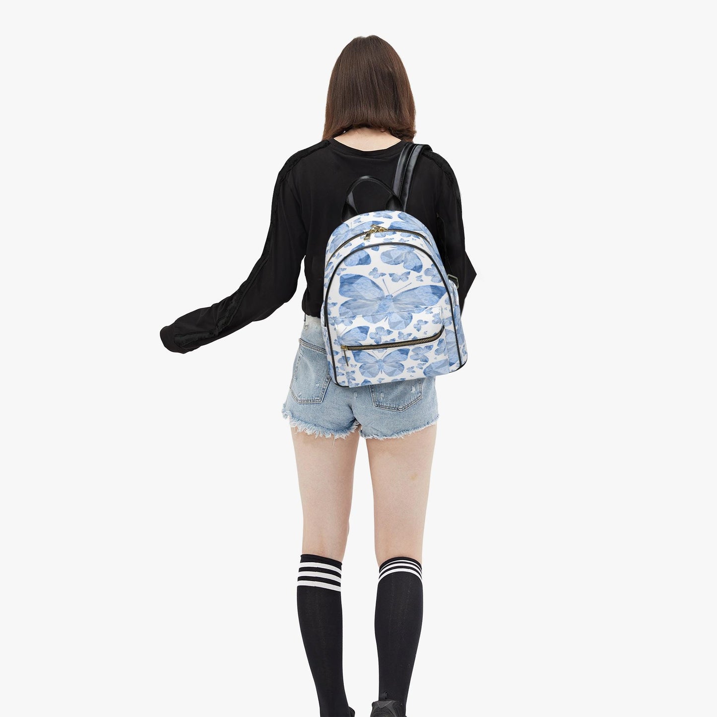 Blue Butterflies In White  All Over Printed PU Backpack