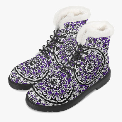 Flower Bloom In Purple Faux Fur Leather Boots