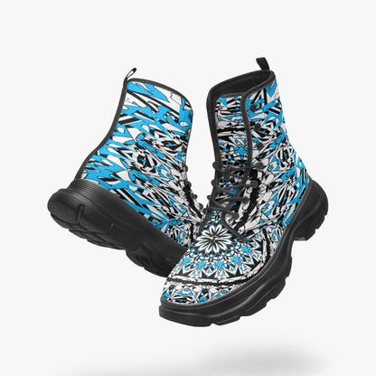 Flower Bloom In Blue Casual Leather Chunky Boots