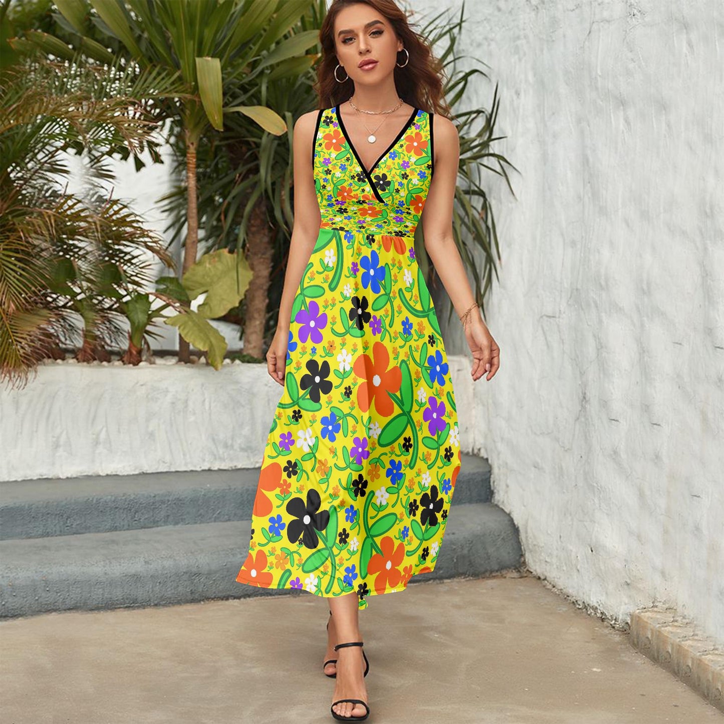 Colorful Flowers V-neck Sleeveless Dress