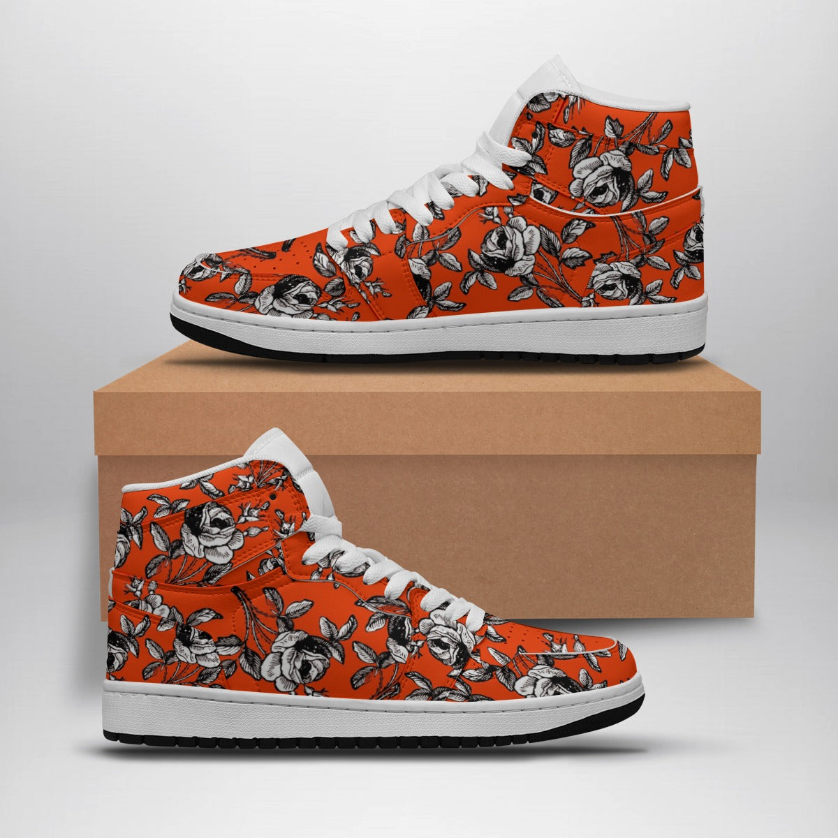 Black And White Roses In Orange Women's Faux Leather Stitching Shoes