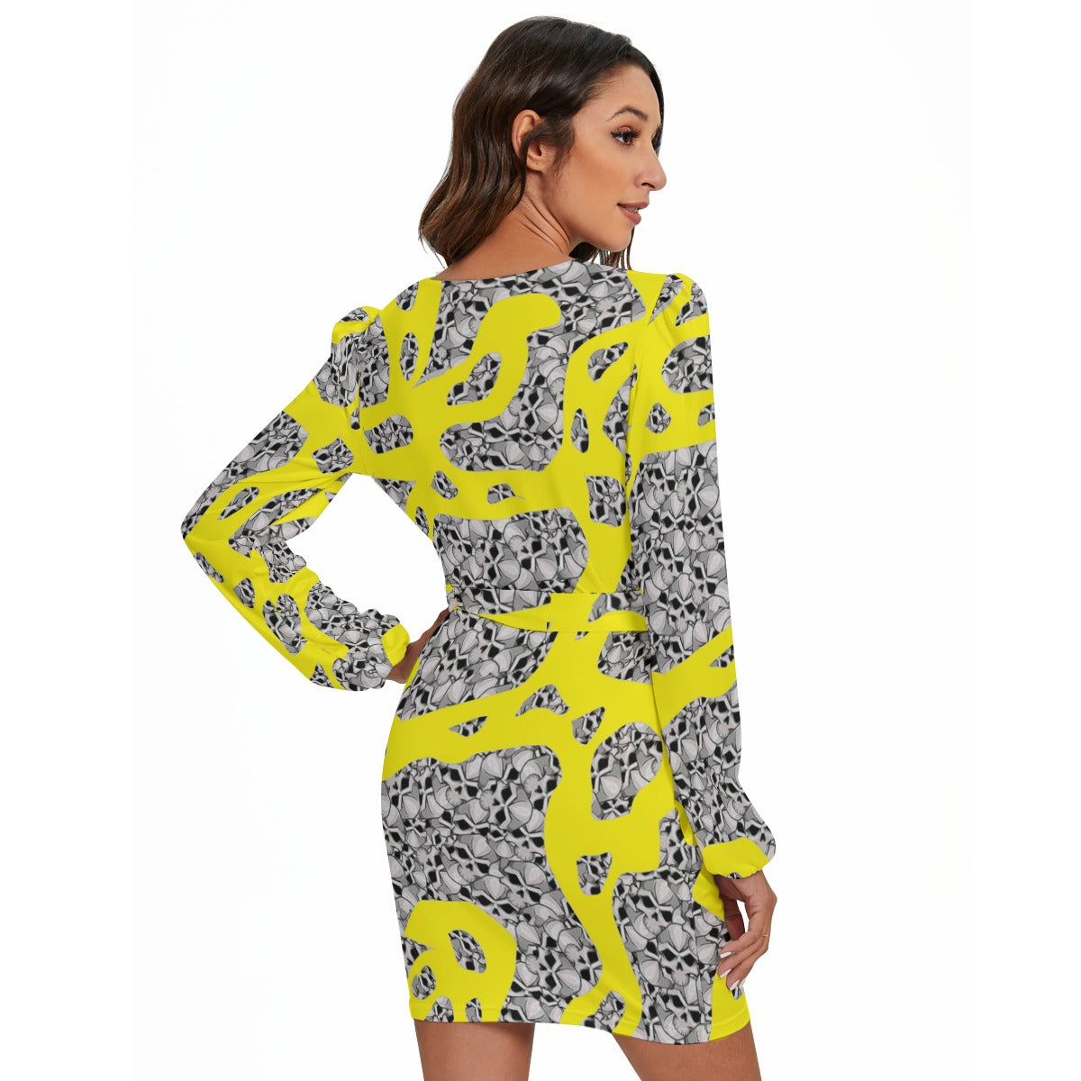 Camouflage Skulls In Yellow All-Over Print Women's Long Sleeve Dress With Waist Belt
