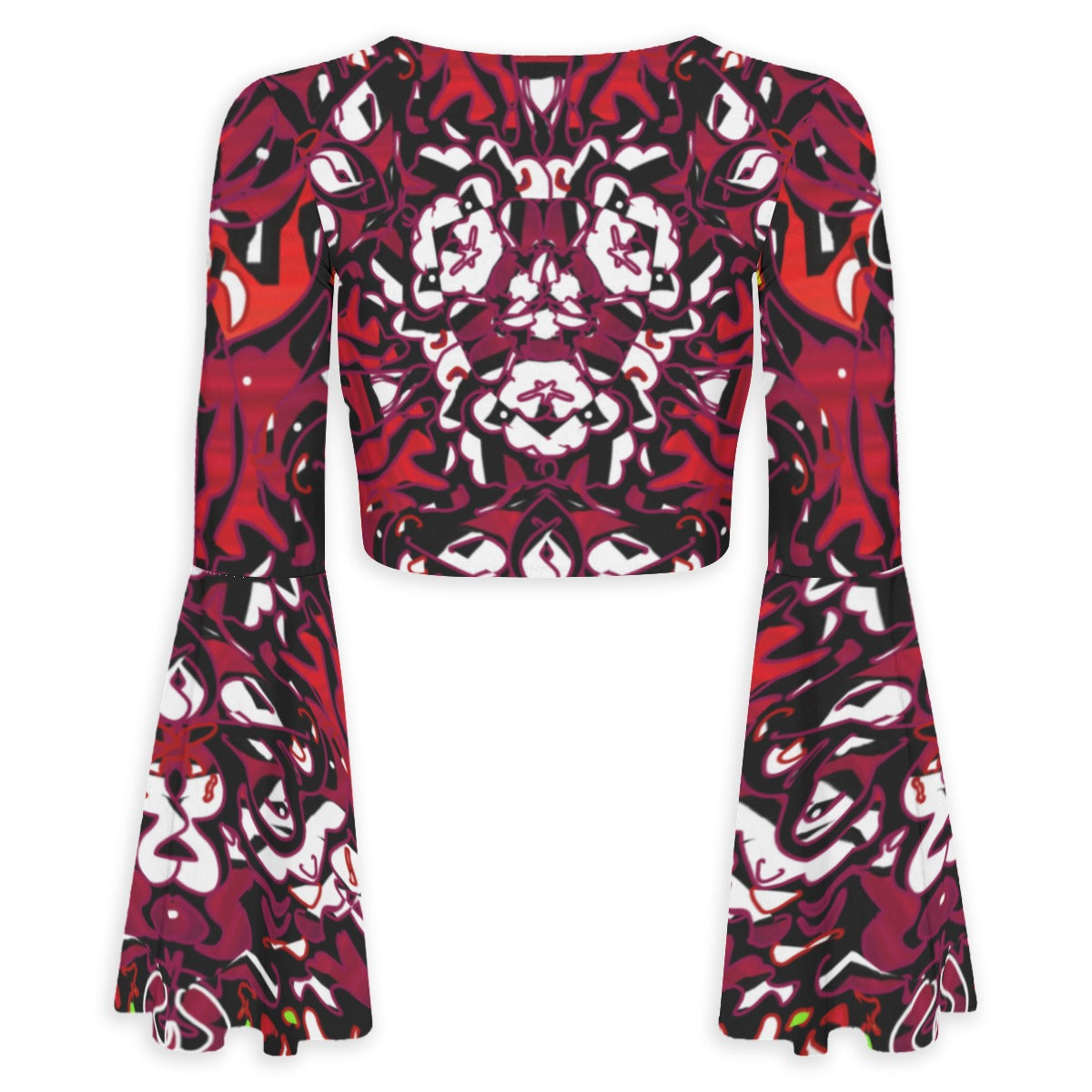 Tribal Red All-Over Print Women's Elegant Flared Sleeve Tie-Front Crop Top