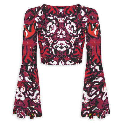 Tribal Red All-Over Print Women's Elegant Flared Sleeve Tie-Front Crop Top