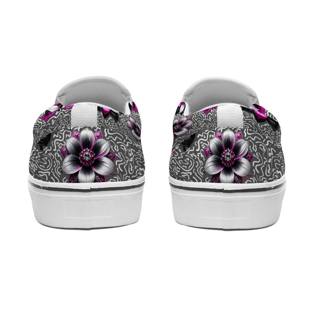 Rhinestone Pink Flowers In Black And White Women's Slip On Sneakers