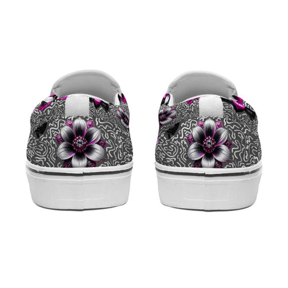 Rhinestone Pink Flowers In Black And White Women's Slip On Sneakers